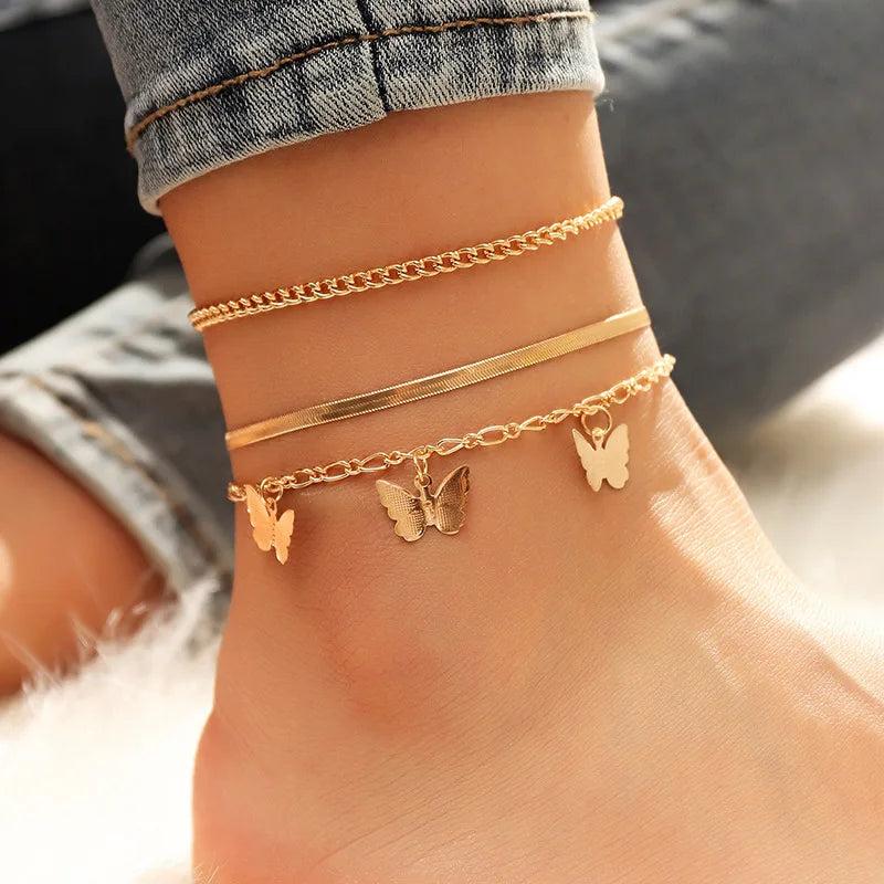 Sindlan 3Pcs Vintage Butterfly Anklet Bracelet Set Boho Geometric Summer Jewelry