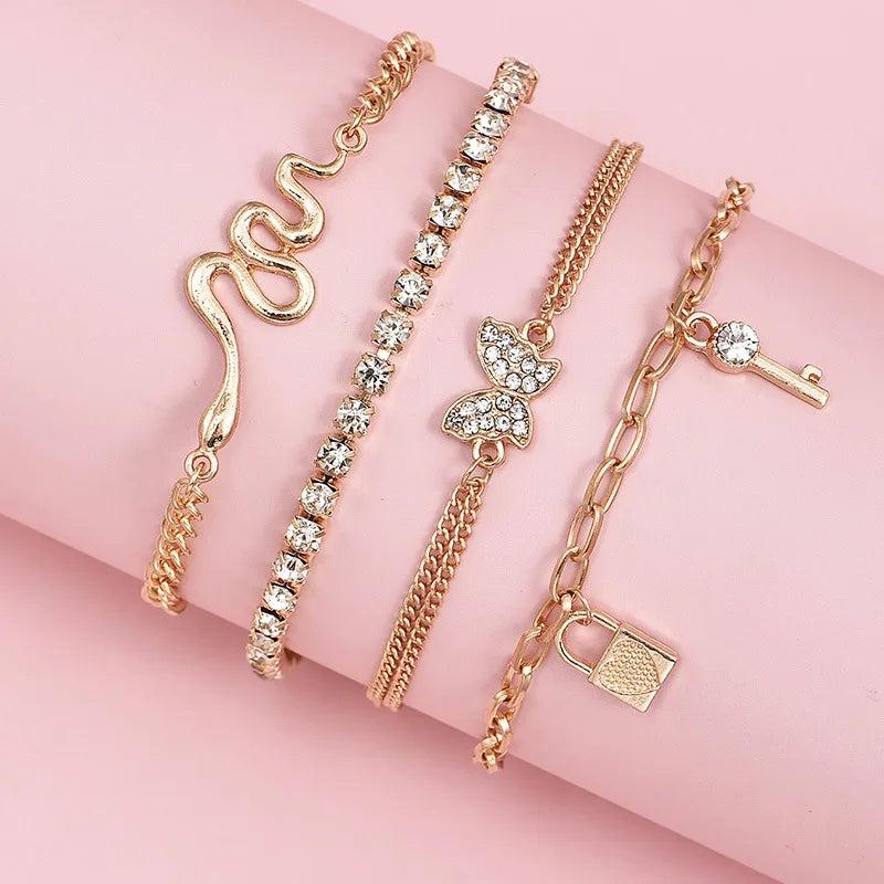 Sindlan 4Pcs Vintage Crystal Chains Butterfly Anklets Women Kpop Bracelet
