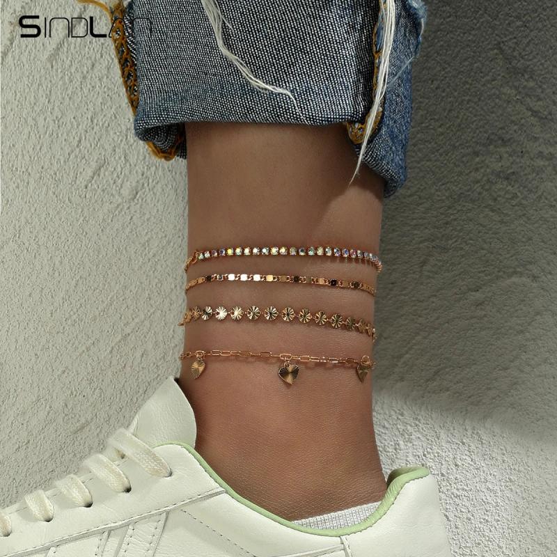 Sindlan Vintage Chain Anklet Bracelets Set Boho Crystal Geometric Summer Jewelry