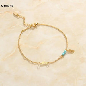 Plated Perfume Anklet Women Turquoise Beads Wings Leaves Bracelet Leg Charm