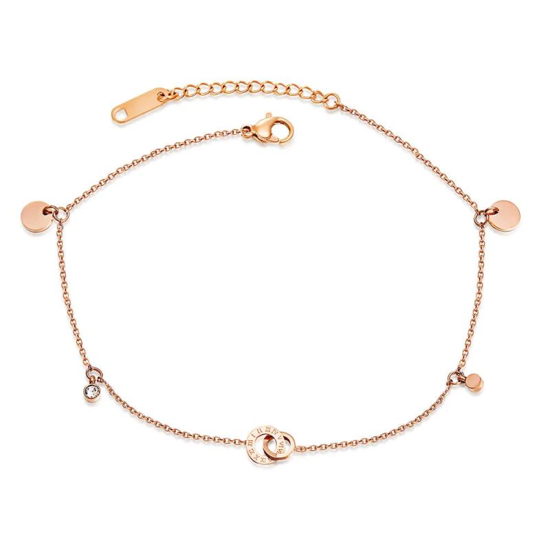 Titanium Steel Beach Anklet with CZ Crystal Roman Numerals Charm