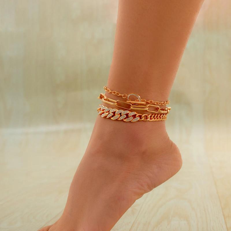 Goth Rhinestone Cuban Chain Anklets Set for Women Jewelry