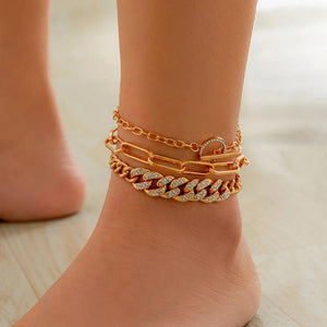 Goth Rhinestone Cuban Chain Anklets Set for Women Jewelry
