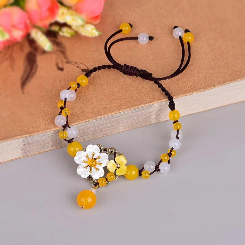 Hand-knitted Coloured Glaze Beads Anklet with Shell Flower