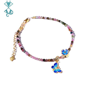 Butterfly Pendant Tourmaline Anklet Bracelet Women Foot Jewelry Beads Charm