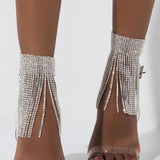 Stonefans Silver Rhinestone Tassel Anklet for Women