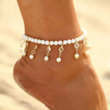 Retro Crystal Tassel Stretch Pearl Beach Anklet for Women