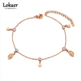 Bohemia Titanium Steel Leaf Charm Anklets CZ Crystal Foot Jewelry
