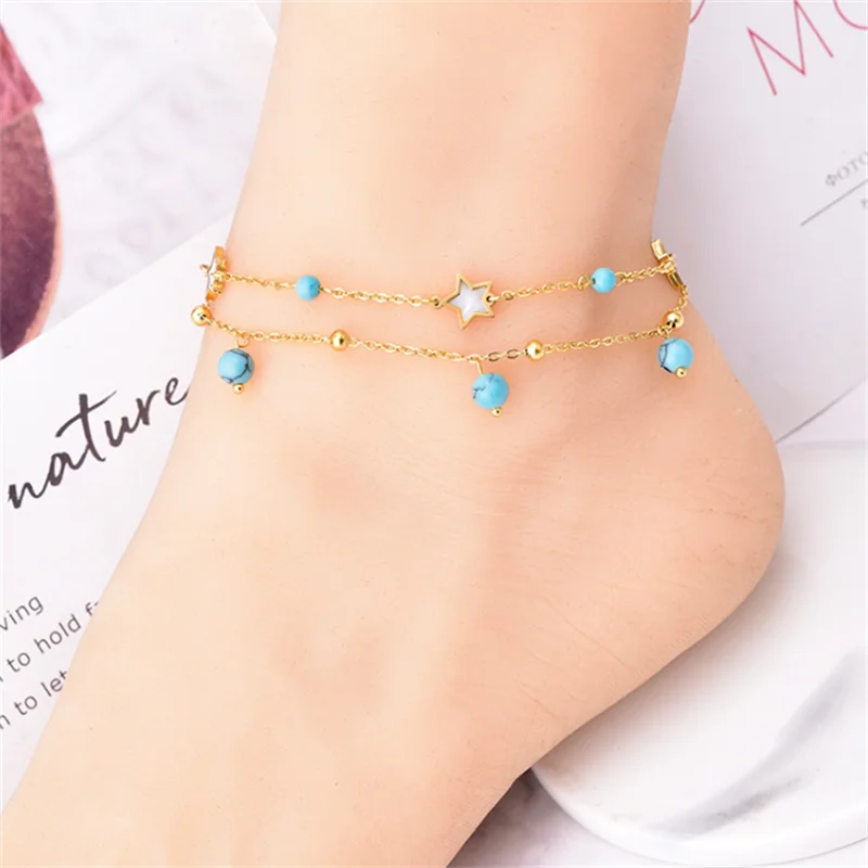 316L Stainless Steel Beaded 2-layer Anklet with Charms for Women