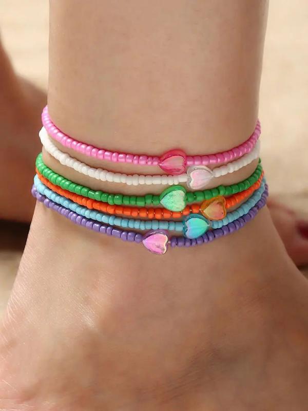 6 Pcs Bohemian Summer Beach Rice Beads Anklet Set for Girls