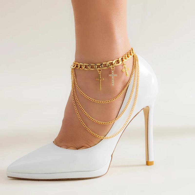 Rhinestone Cross Pendant High Heel Anklet Cuban Chain Tassel Foot Chain