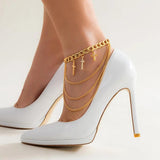 Rhinestone Cross Pendant High Heel Anklet Cuban Chain Tassel Foot Chain