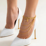 Rhinestone Cross Pendant High Heel Anklet Cuban Chain Tassel Foot Chain