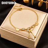 316L Stainless Steel Square Zircon Butterfly Anklets For Women Girl