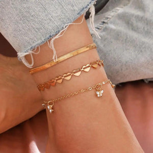 Sindlan 3Pcs Vintage Chains Butterfly Anklet Bracelet Boho Heart Crystal