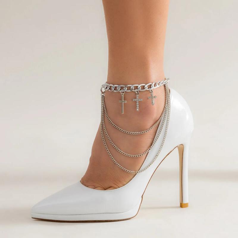 Punk Metal Chain Tassel Anklet Rhinestone Cross Pendant