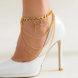 Punk Metal Chain Tassel Anklet Rhinestone Cross Pendant