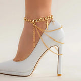 Punk Metal Chain Tassel Anklet Rhinestone Cross Pendant