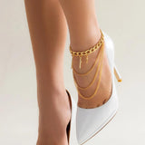 Punk Metal Chain Tassel Anklet Rhinestone Cross Pendant