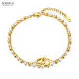 Double Layer Pearl Chain Anklet Stainless Steel Heart Foot Jewelry