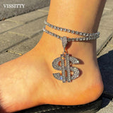 Crystal Dollar Sign Anklet for Women Hiphop Layered Tennis Ankle Chain