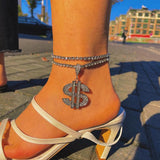 Crystal Dollar Sign Anklet for Women Hiphop Layered Tennis Ankle Chain