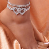 Crystal Double Heart Anklet Rhinestone Foot Jewelry for Women