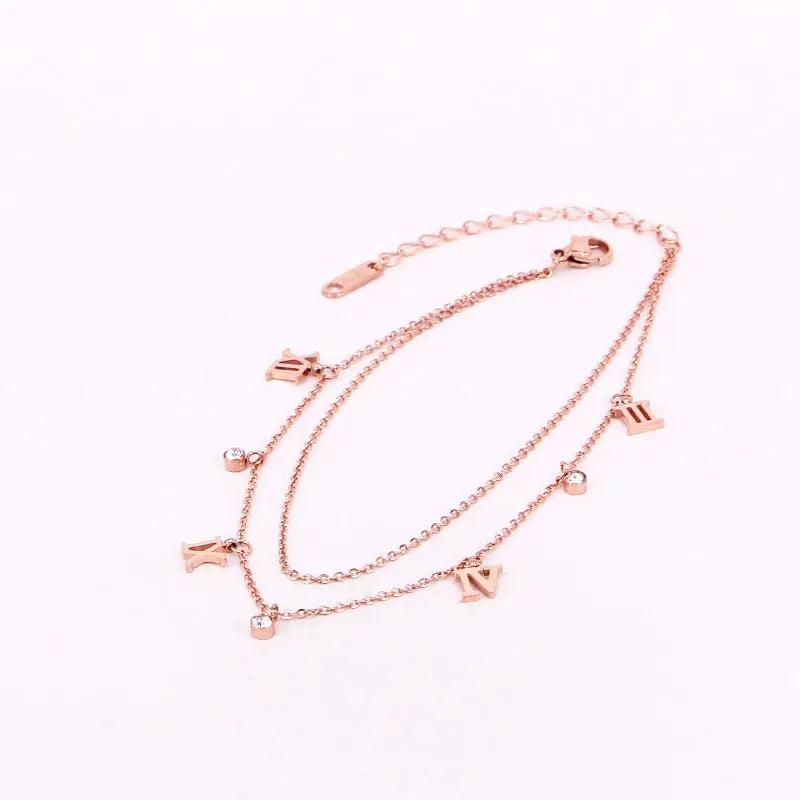 2-Layer Roman Numeral & 3 Zircon Anklet Stainless Steel Valentine Gift