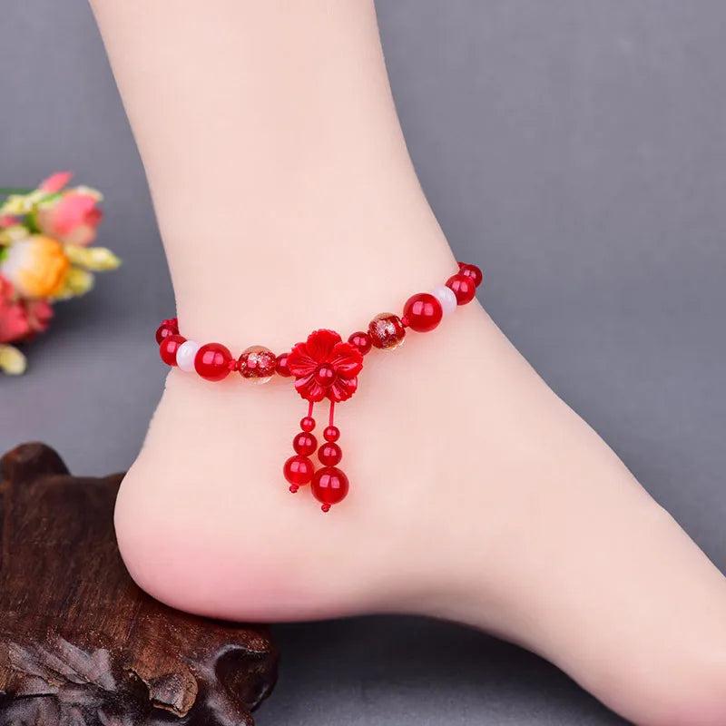 Red Rope Anklets Crystal Beads Flower Anklets