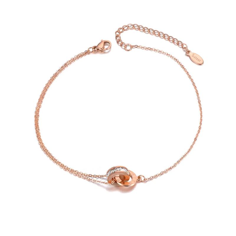 Bohemia Beach Stainless Steel Charm Anklet Double Circle Cubic Zirconia