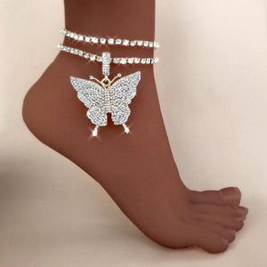 2Pcs Butterfly Rhinestone Anklets for Women Foot Chain Ankle Bracelet Sandals