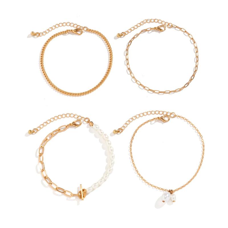 4Pcs/Set Pearls OT Buckle Anklets for Women