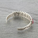 Antique Silver Metal Bracelet with Red Stone, Adjustable Cuff