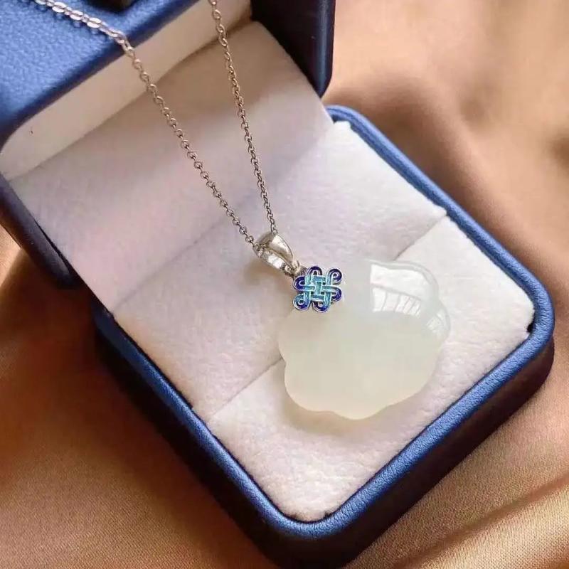 Natural Hetian Jade Necklace with Sterling Silver Chinese Knot Pendant