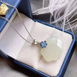 Natural Hetian Jade Necklace with Sterling Silver Chinese Knot Pendant