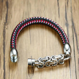 Stainless Steel Chain Leather Bracelet Red