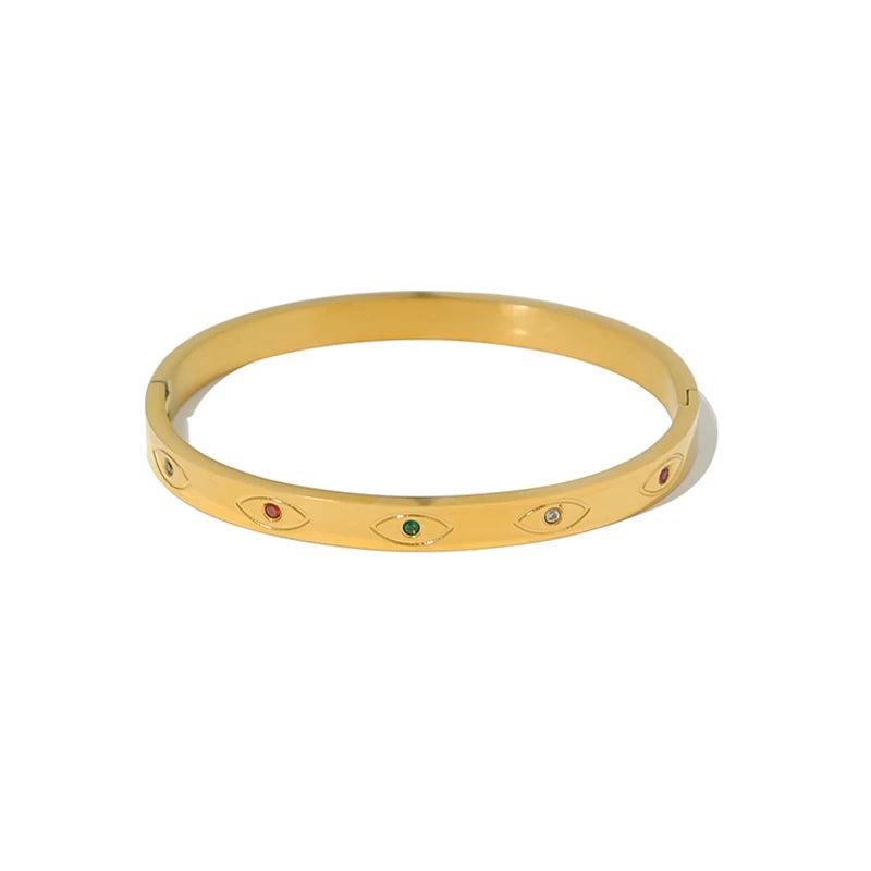 Colorful Crystal Evil Eye Stainless Steel Golden Bangle Bracelet for Women