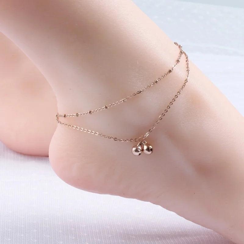2-layer Tassel Anklet Bracelet for Women Titanium Steel Rose Foot Chain Jewelry
