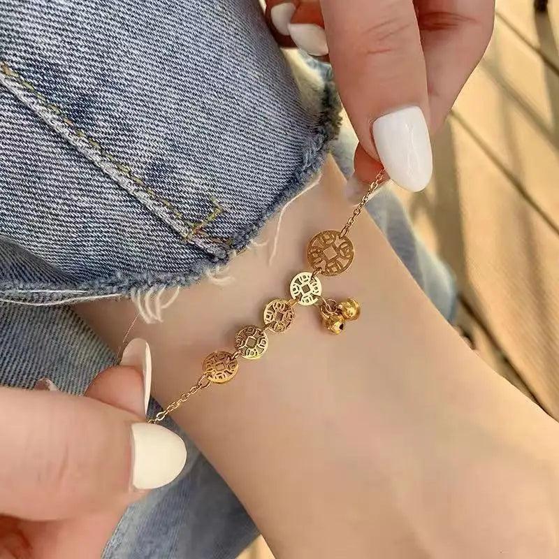 5 Copper Bell Pendant Anklets for Women Stainless Steel Foot Bracelets