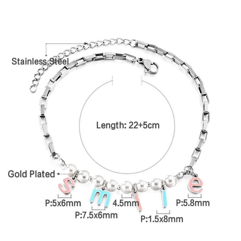 Boho Smile Letter Pearl Anklet Stainless Steel Chain Beach