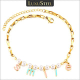 Boho Smile Letter Pearl Anklet Stainless Steel Chain Beach