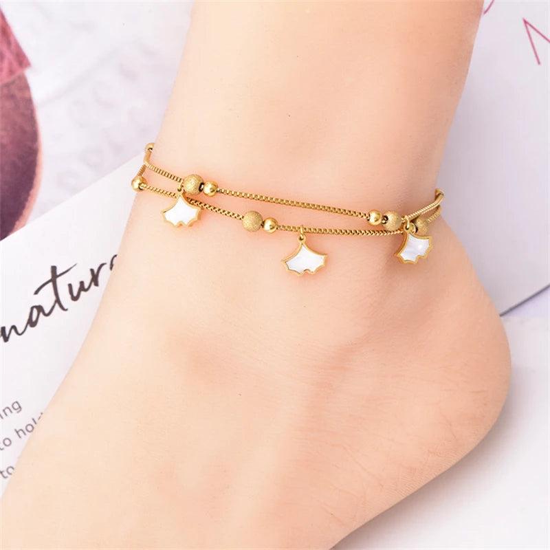 316L Stainless Steel 2-layer Frosted Beads Ginkgo Leaf Anklets