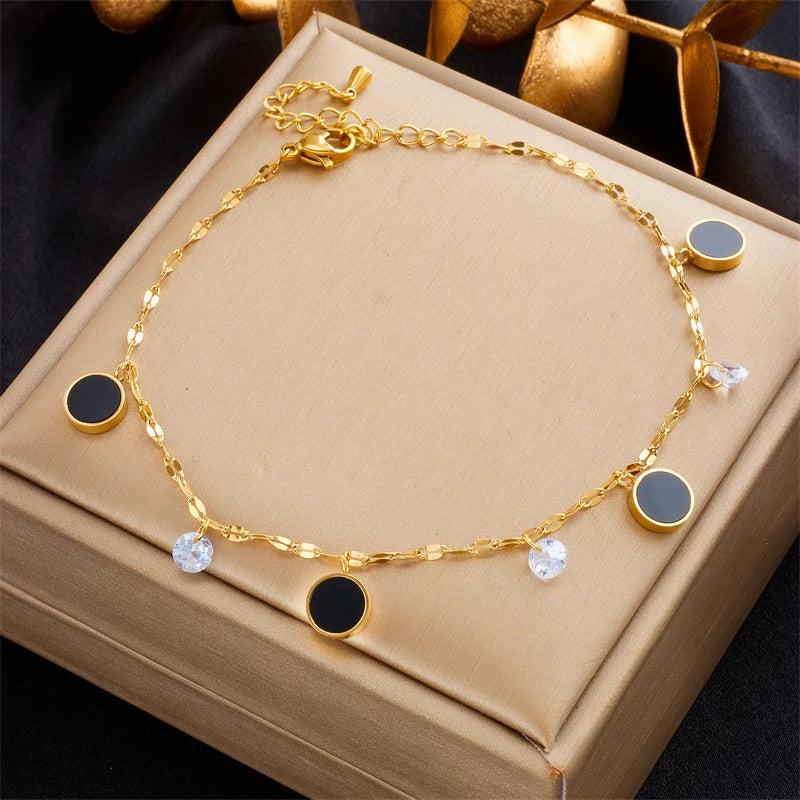 316L Stainless Steel Round Charm Anklets For Women Girl Zircon Leg Chain