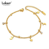 Bohemia CZ Crystal Moon & Star Charm Anklets Titanium Steel Foot Chain Jewelry