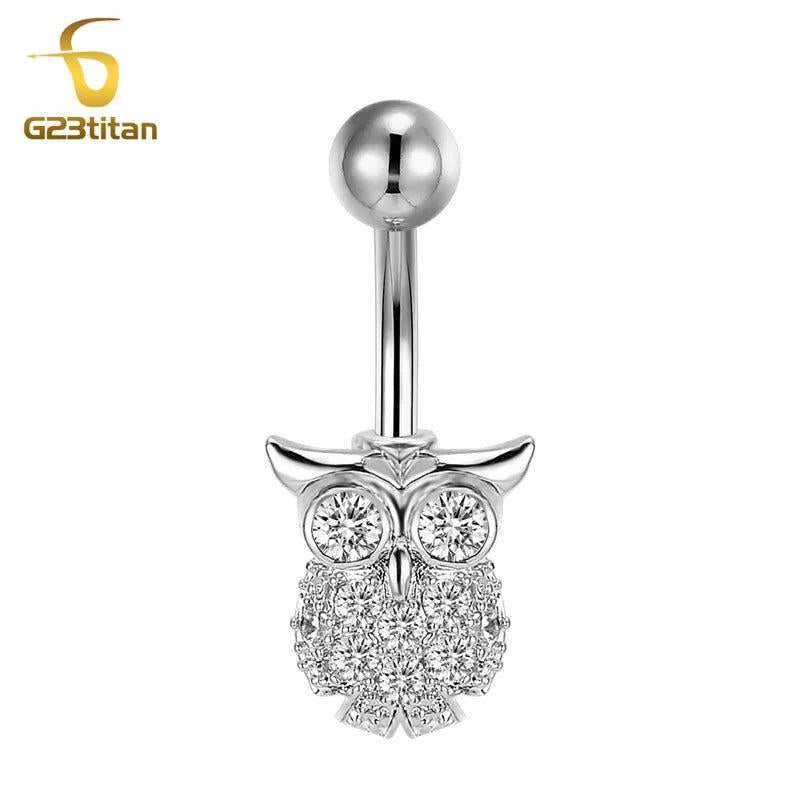 Red Zircon Eye OWL Belly Button Ring 1.6mm Titanium Navel Piercing Barbell