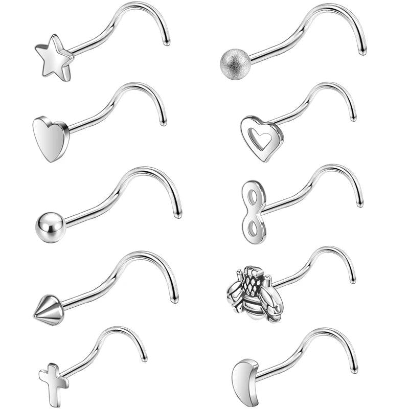 10PCS Heart Moon Nose Stud Women Stainless Steel Nose Piercing Ring