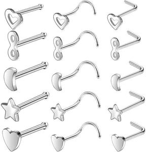 10PCS Heart Moon Nose Stud Women Stainless Steel Nose Piercing Ring