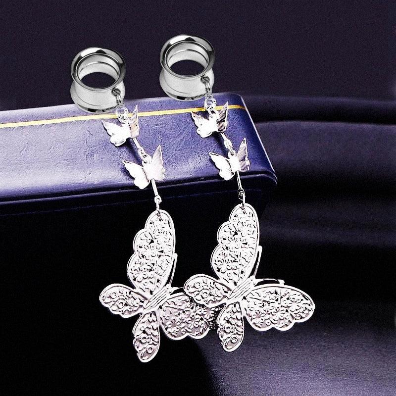 2PC Butterfly Dangle Ear Tunnels Plugs Earrings Gauges Expander Stretcher