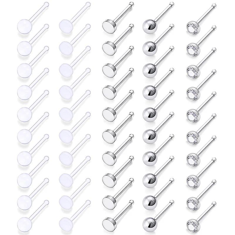 50-Pack 22G Nose Studs 316L Steel Clear CZ Nostril Pin Studs Piercing Jewelry