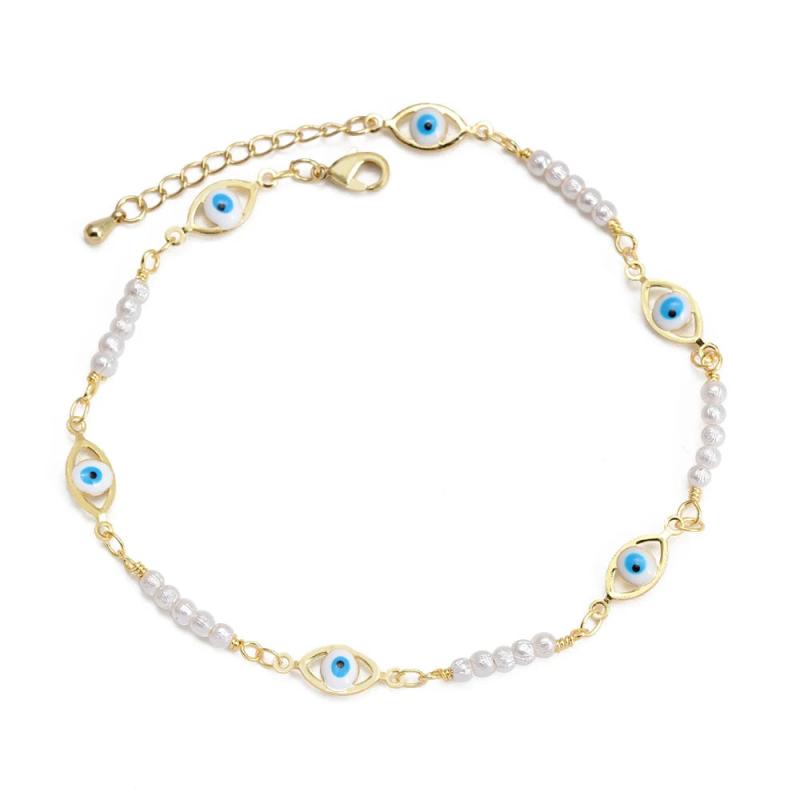 Evil Eye Anklet with Pearl Flower Star Charm